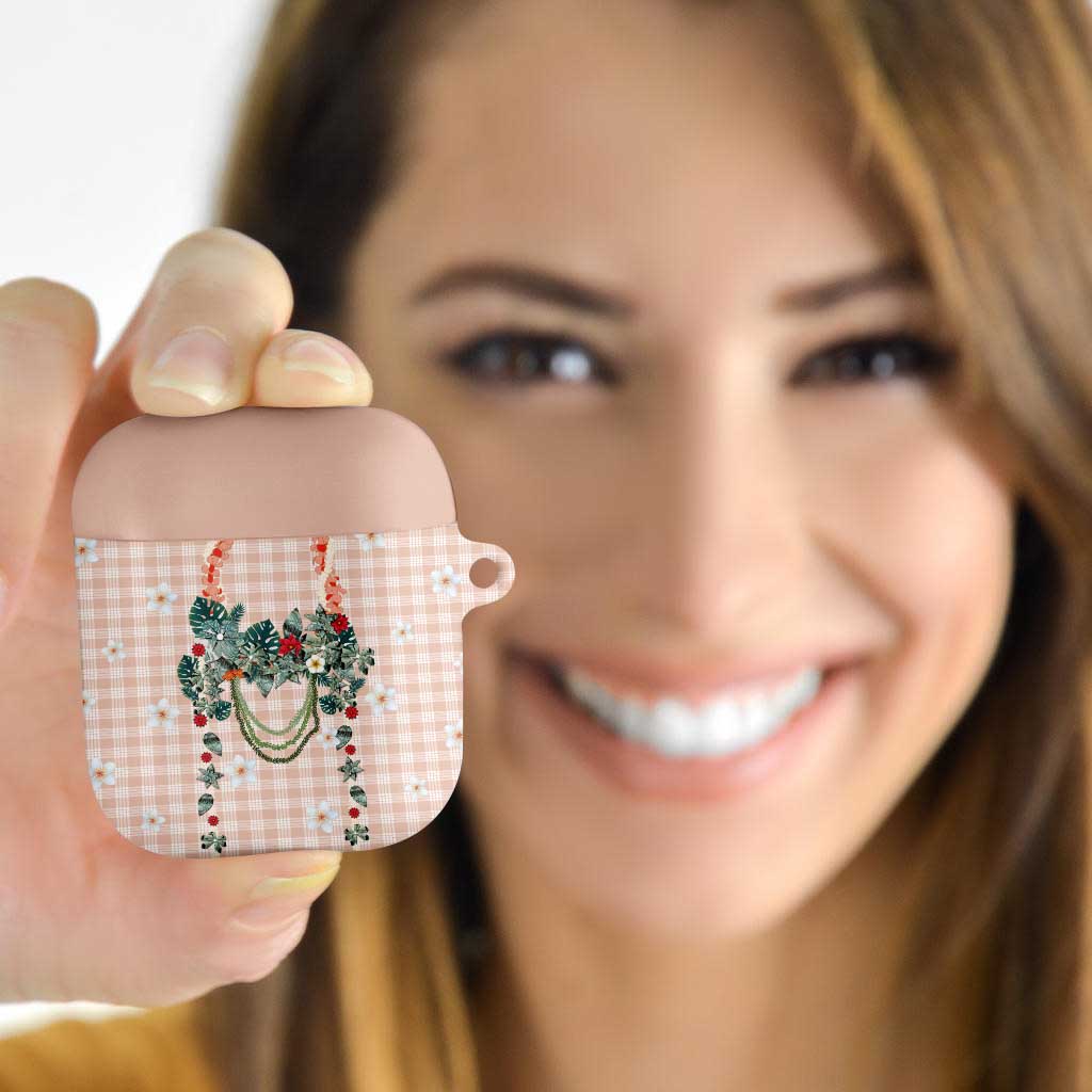 Peach Hawaiian Palaka AirPods Case Kukui Nut Money Lei - Polynesian Pride