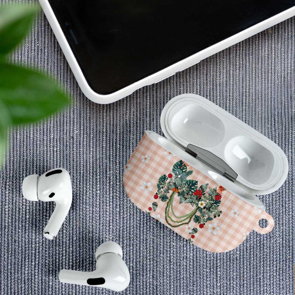 Peach Hawaiian Palaka AirPods Case Kukui Nut Money Lei - Polynesian Pride