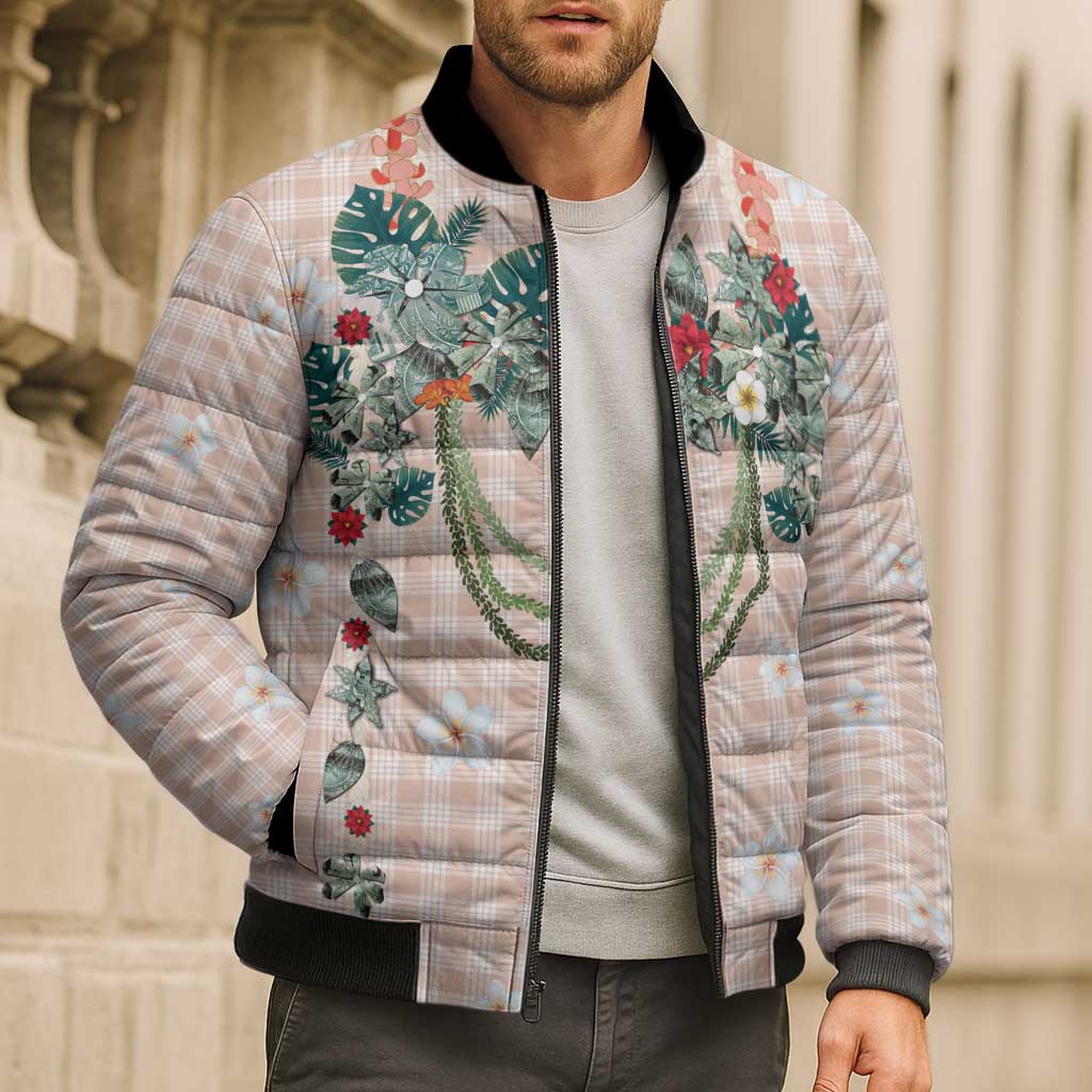 Peach Hawaiian Palaka Bomber Puffer Jacket Kukui Nut Money Lei - Polynesian Pride