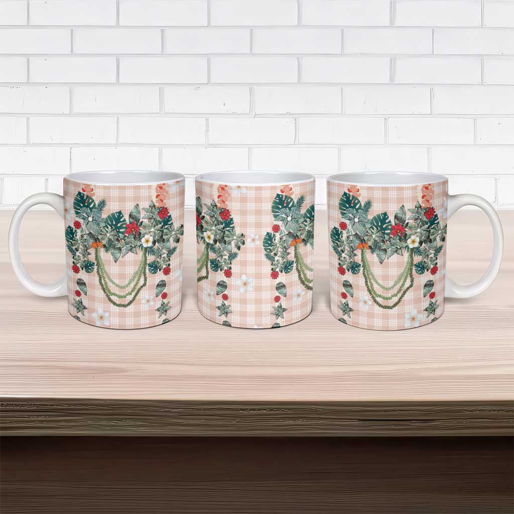 Peach Hawaiian Palaka Ceramic Mug Kukui Nut Money Lei - Polynesian Pride