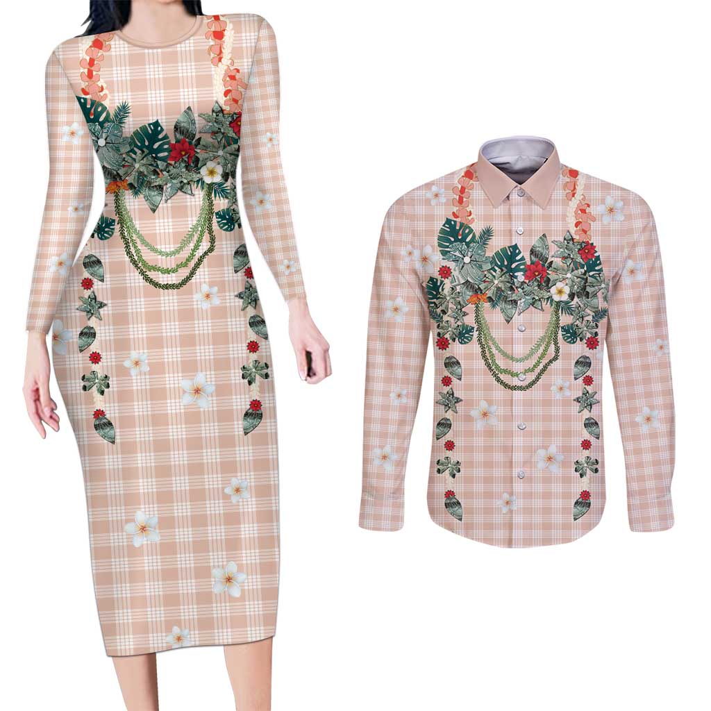 Peach Hawaiian Palaka Couples Matching Long Sleeve Bodycon Dress and Long Sleeve Button Shirt Kukui Nut Money Lei - Polynesian Pride