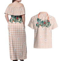Peach Hawaiian Palaka Couples Matching Off Shoulder Maxi Dress and Hawaiian Shirt Kukui Nut Money Lei - Polynesian Pride