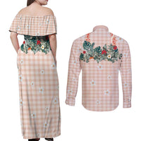 Peach Hawaiian Palaka Couples Matching Off Shoulder Maxi Dress and Long Sleeve Button Shirt Kukui Nut Money Lei - Polynesian Pride