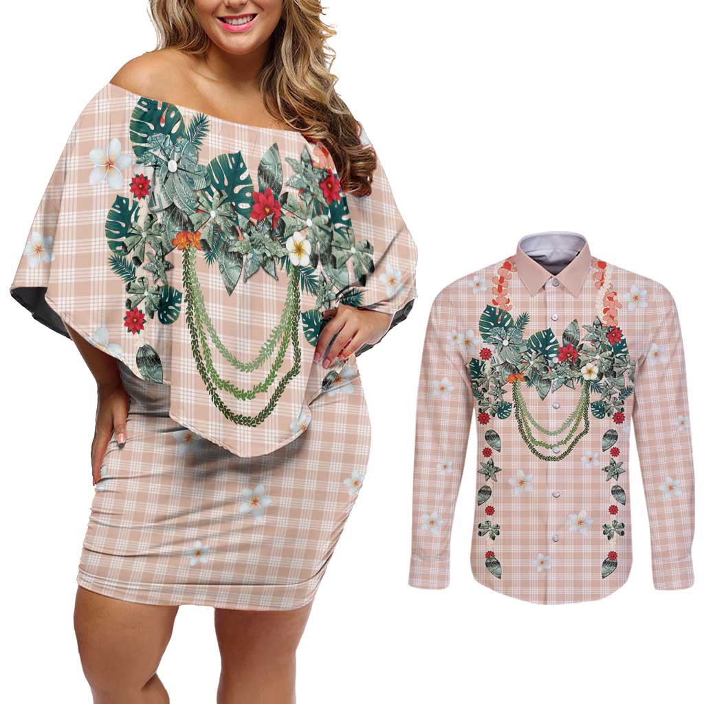 Peach Hawaiian Palaka Couples Matching Off Shoulder Short Dress and Long Sleeve Button Shirt Kukui Nut Money Lei - Polynesian Pride