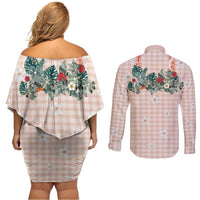 Peach Hawaiian Palaka Couples Matching Off Shoulder Short Dress and Long Sleeve Button Shirt Kukui Nut Money Lei - Polynesian Pride