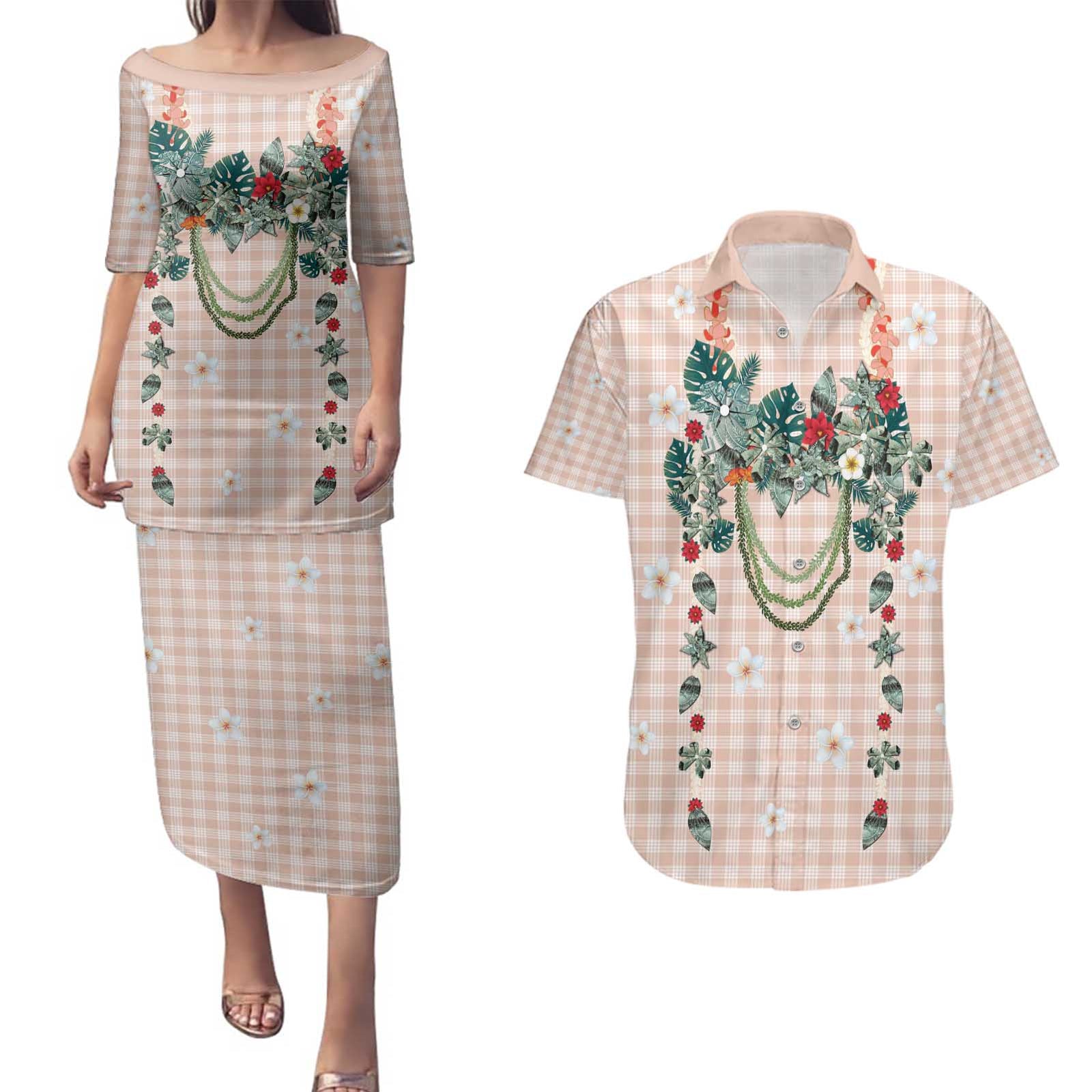 Peach Hawaiian Palaka Couples Matching Puletasi and Hawaiian Shirt Kukui Nut Money Lei - Polynesian Pride