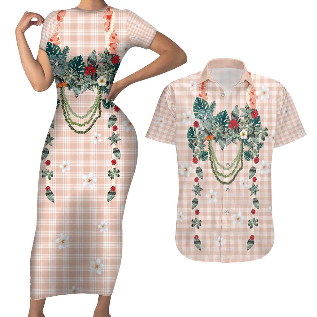 Peach Hawaiian Palaka Couples Matching Short Sleeve Bodycon Dress and Hawaiian Shirt Kukui Nut Money Lei - Polynesian Pride