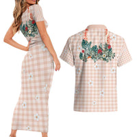 Peach Hawaiian Palaka Couples Matching Short Sleeve Bodycon Dress and Hawaiian Shirt Kukui Nut Money Lei - Polynesian Pride