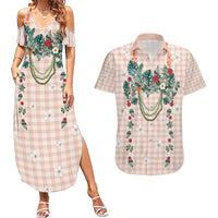 Peach Hawaiian Palaka Couples Matching Summer Maxi Dress and Hawaiian Shirt Kukui Nut Money Lei - Polynesian Pride