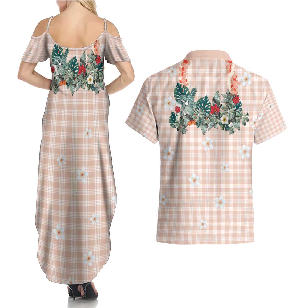 Peach Hawaiian Palaka Couples Matching Summer Maxi Dress and Hawaiian Shirt Kukui Nut Money Lei - Polynesian Pride