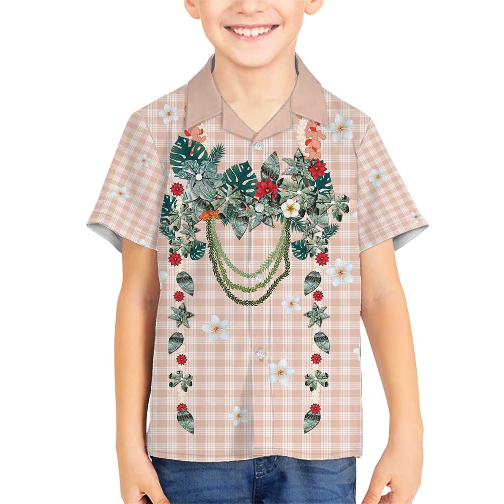 Peach Hawaiian Palaka Family Matching Long Sleeve Bodycon Dress and Hawaiian Shirt Kukui Nut Money Lei - Polynesian Pride