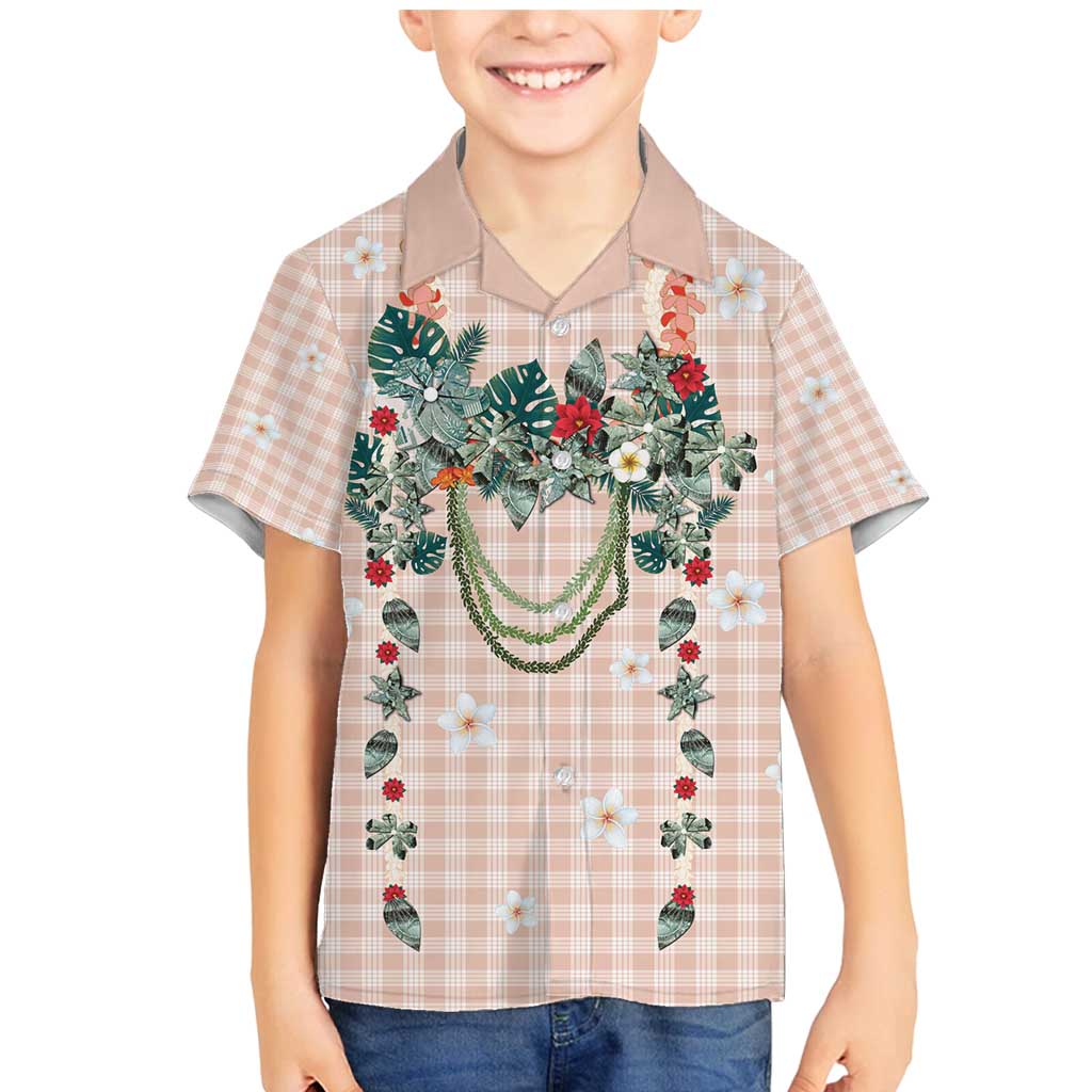 Peach Hawaiian Palaka Family Matching Mermaid Dress and Hawaiian Shirt Kukui Nut Money Lei - Polynesian Pride