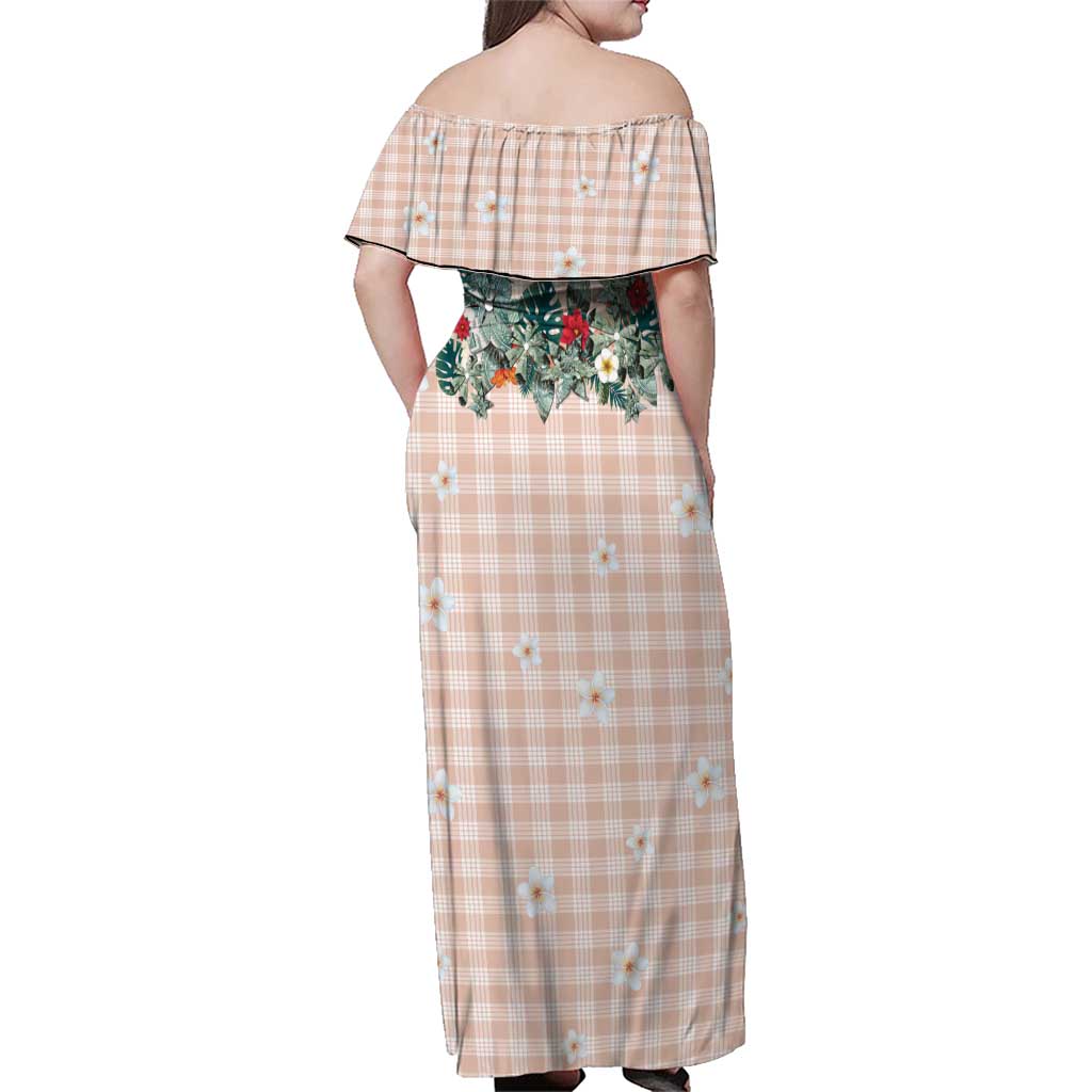 Peach Hawaiian Palaka Family Matching Off Shoulder Maxi Dress and Hawaiian Shirt Kukui Nut Money Lei - Polynesian Pride