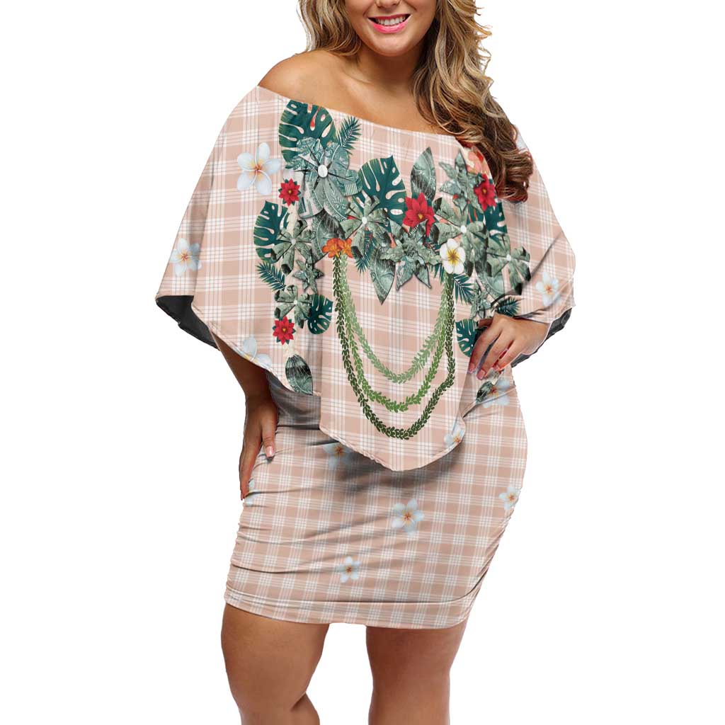 Peach Hawaiian Palaka Family Matching Off Shoulder Short Dress and Hawaiian Shirt Kukui Nut Money Lei - Polynesian Pride