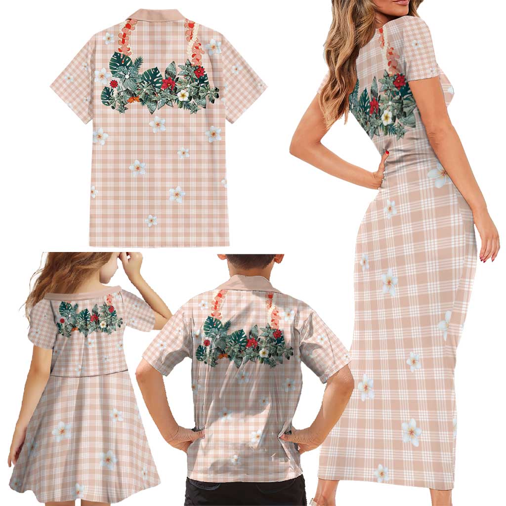 Peach Hawaiian Palaka Family Matching Short Sleeve Bodycon Dress and Hawaiian Shirt Kukui Nut Money Lei - Polynesian Pride