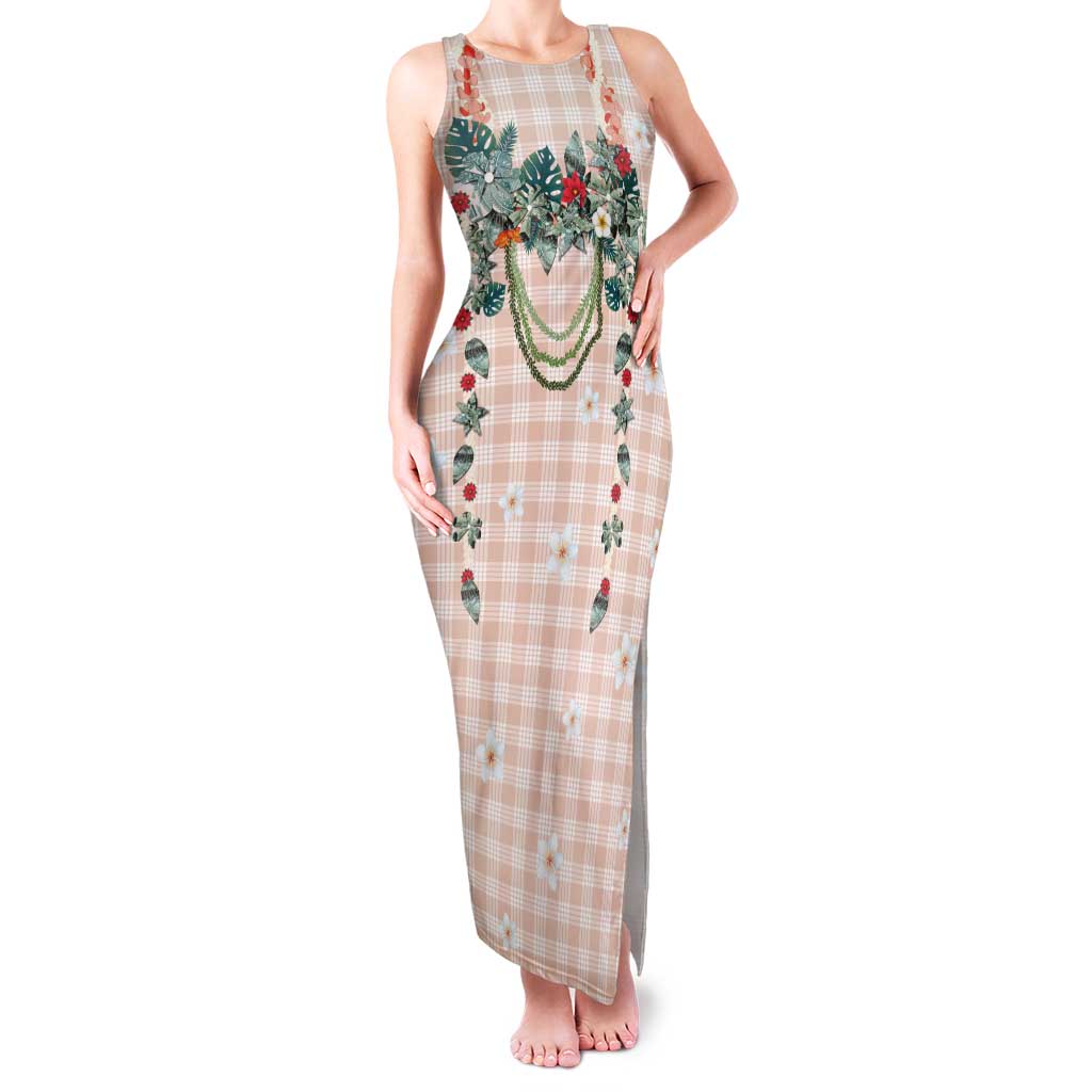 Peach Hawaiian Palaka Family Matching Tank Maxi Dress and Hawaiian Shirt Kukui Nut Money Lei - Polynesian Pride