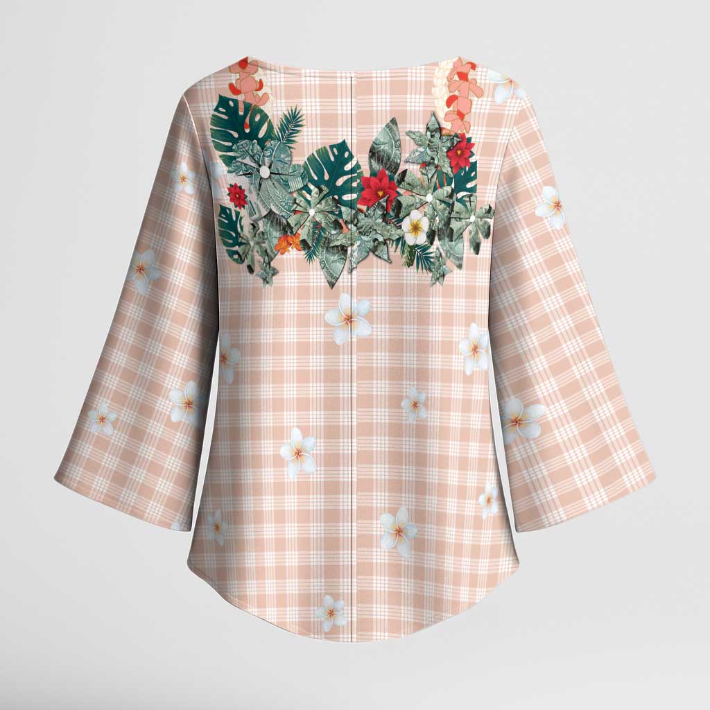 Peach Hawaiian Palaka Kimono Sleeve Blouse Kukui Nut Money Lei - Polynesian Pride