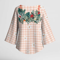 Peach Hawaiian Palaka Kimono Sleeve Blouse Kukui Nut Money Lei - Polynesian Pride