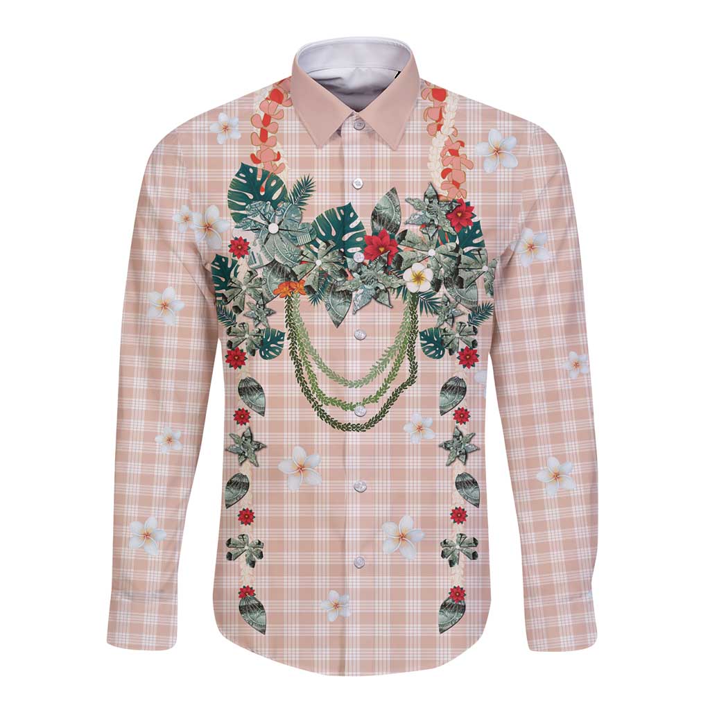 Peach Hawaiian Palaka Long Sleeve Button Shirt Kukui Nut Money Lei - Polynesian Pride