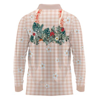 Peach Hawaiian Palaka Long Sleeve Polo Shirt Kukui Nut Money Lei - Polynesian Pride