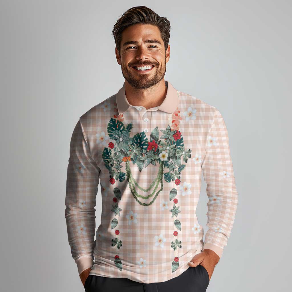 Peach Hawaiian Palaka Long Sleeve Polo Shirt Kukui Nut Money Lei - Polynesian Pride