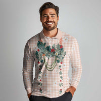 Peach Hawaiian Palaka Long Sleeve Polo Shirt Kukui Nut Money Lei - Polynesian Pride