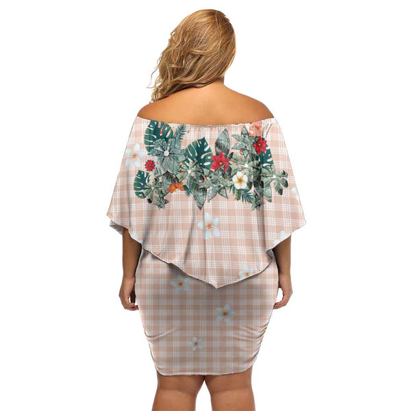 Peach Hawaiian Palaka Off Shoulder Short Dress Kukui Nut Money Lei LT9