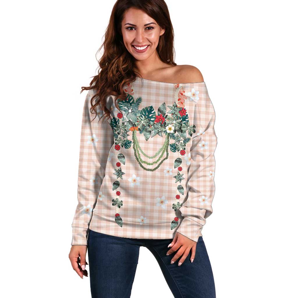 Peach Hawaiian Palaka Off Shoulder Sweater Kukui Nut Money Lei - Polynesian Pride
