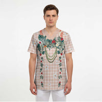 Peach Hawaiian Palaka Scrub Top Kukui Nut Money Lei - Polynesian Pride