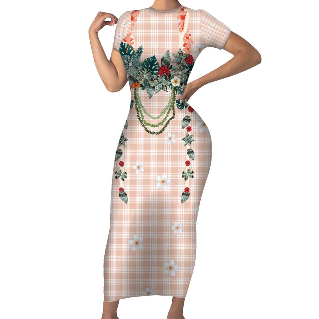 Peach Hawaiian Palaka Short Sleeve Bodycon Dress Kukui Nut Money Lei