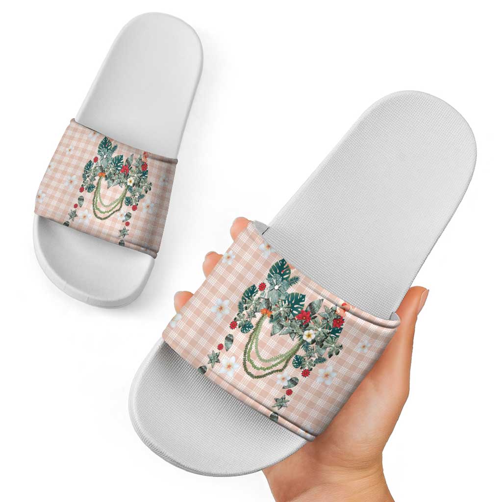 Peach Hawaiian Palaka Slide Sandals Kukui Nut Money Lei - Polynesian Pride