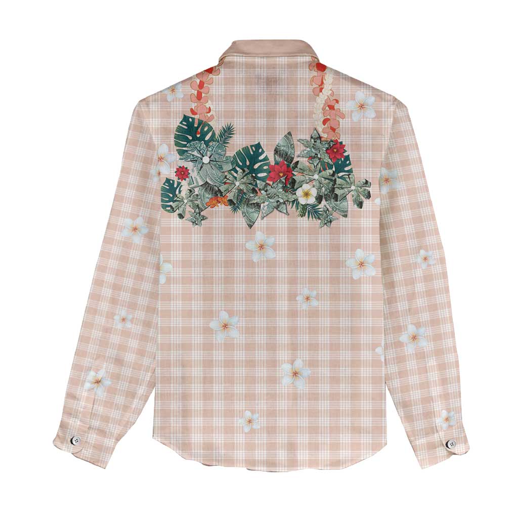 Peach Hawaiian Palaka Women Casual Shirt Kukui Nut Money Lei - Polynesian Pride