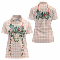 Peach Hawaiian Palaka Women Polo Shirt Kukui Nut Money Lei - Polynesian Pride