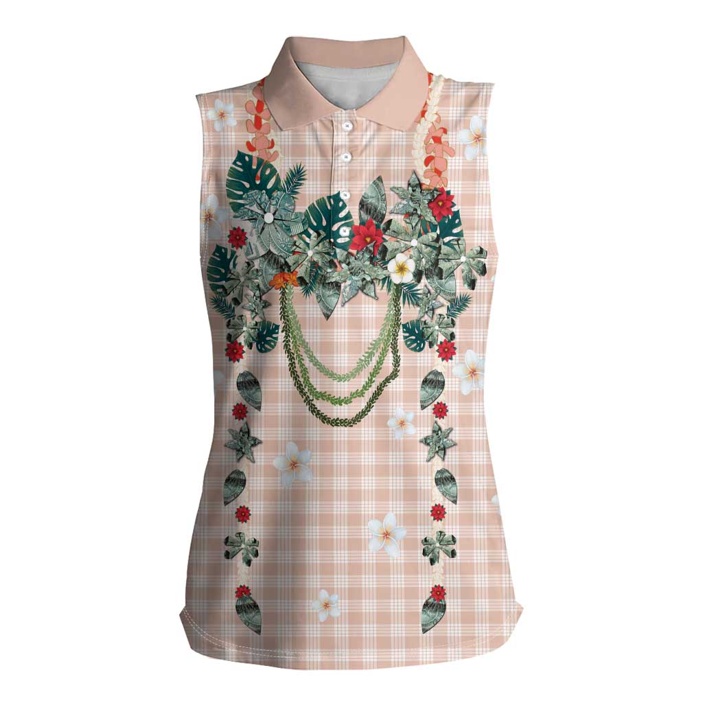 Peach Hawaiian Palaka Women Sleeveless Polo Shirt Kukui Nut Money Lei - Polynesian Pride