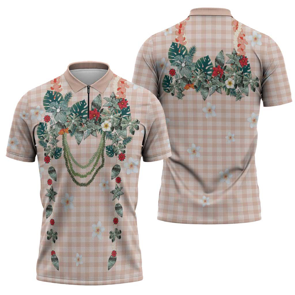Peach Hawaiian Palaka Zipper Polo Shirt Kukui Nut Money Lei - Polynesian Pride