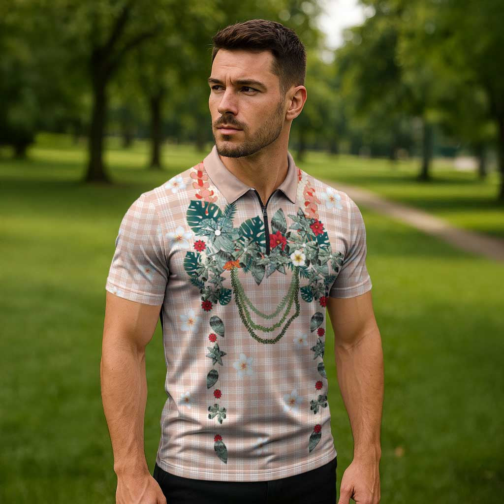 Peach Hawaiian Palaka Zipper Polo Shirt Kukui Nut Money Lei - Polynesian Pride