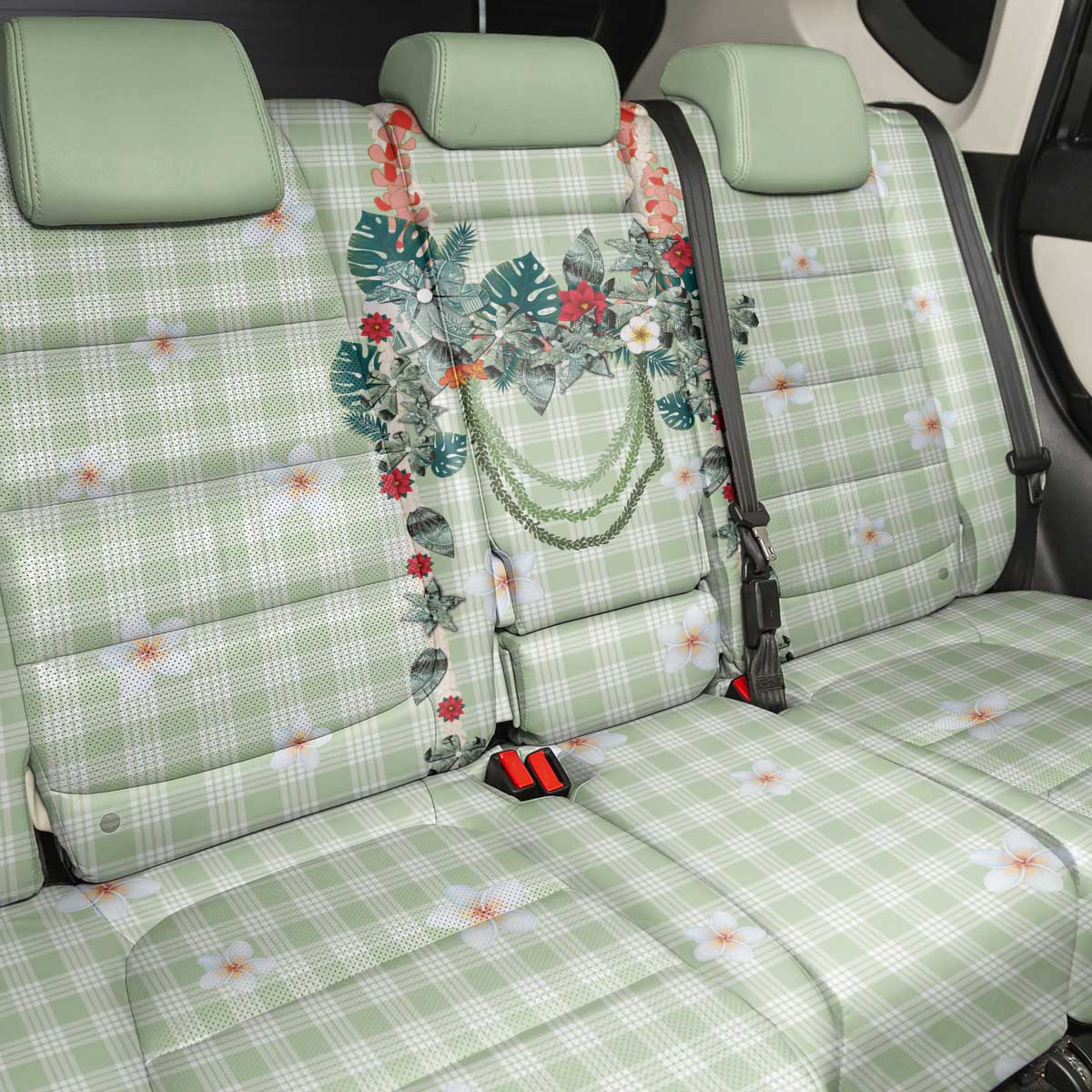 Sage Green Hawaiian Palaka Back Car Seat Cover Kukui Nut Money Lei - Polynesian Pride