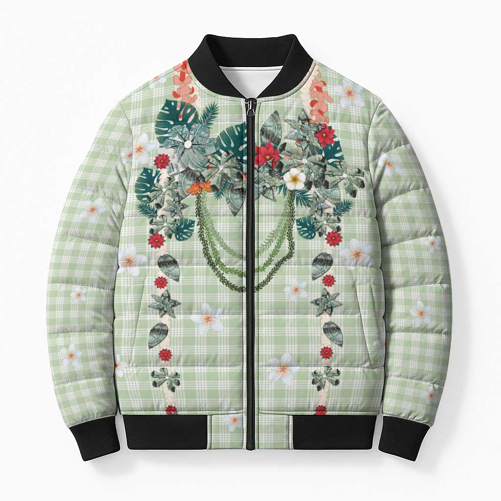 Sage Green Hawaiian Palaka Bomber Puffer Jacket Kukui Nut Money Lei - Polynesian Pride