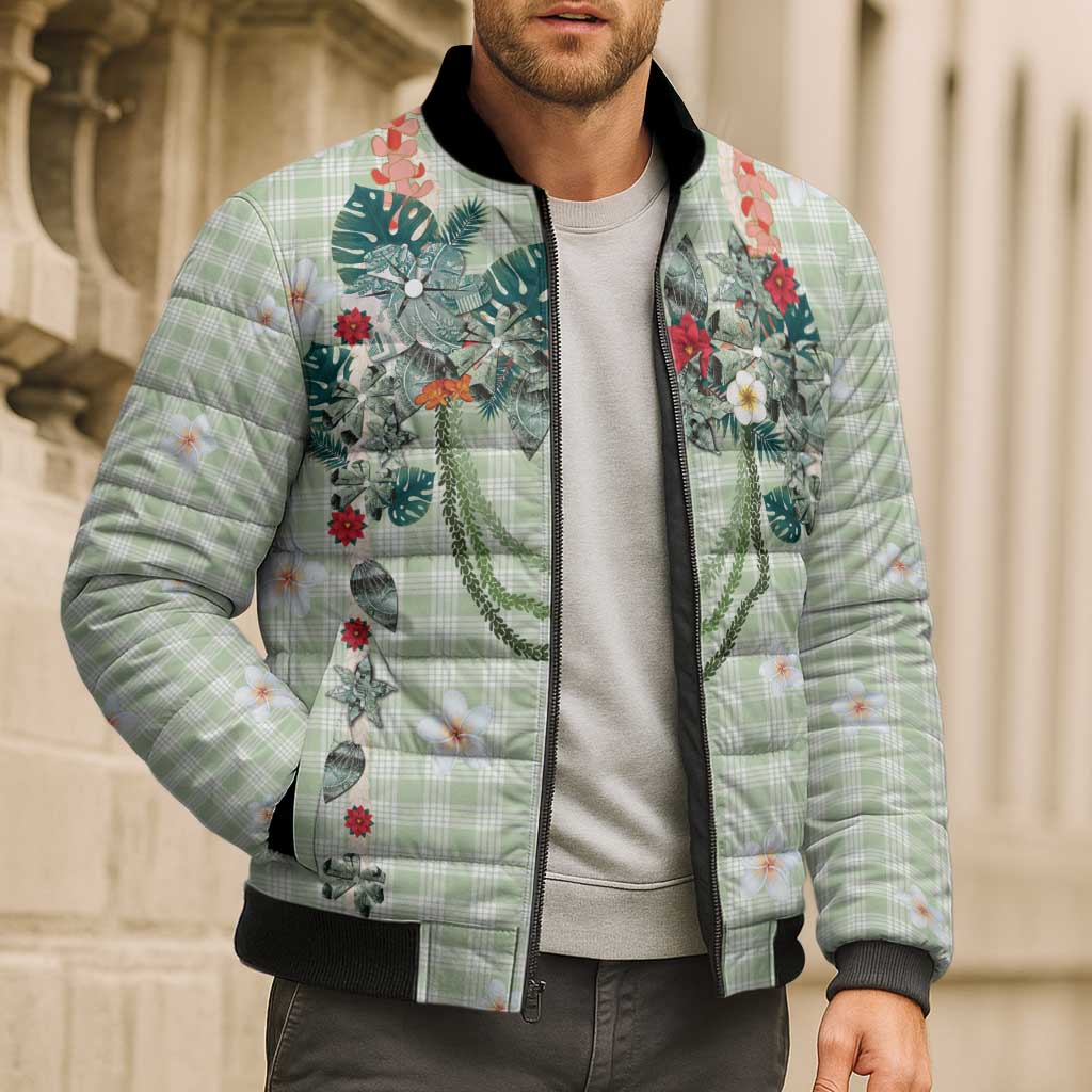 Sage Green Hawaiian Palaka Bomber Puffer Jacket Kukui Nut Money Lei - Polynesian Pride