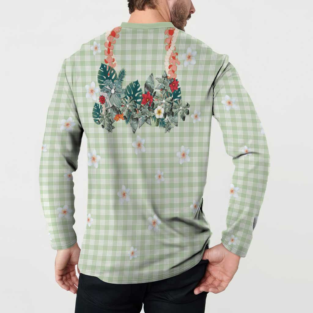 Sage Green Hawaiian Palaka Button Sweatshirt Kukui Nut Money Lei - Polynesian Pride