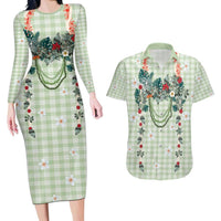 Sage Green Hawaiian Palaka Couples Matching Long Sleeve Bodycon Dress and Hawaiian Shirt Kukui Nut Money Lei - Polynesian Pride