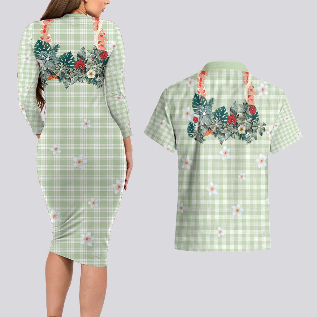 Sage Green Hawaiian Palaka Couples Matching Long Sleeve Bodycon Dress and Hawaiian Shirt Kukui Nut Money Lei - Polynesian Pride