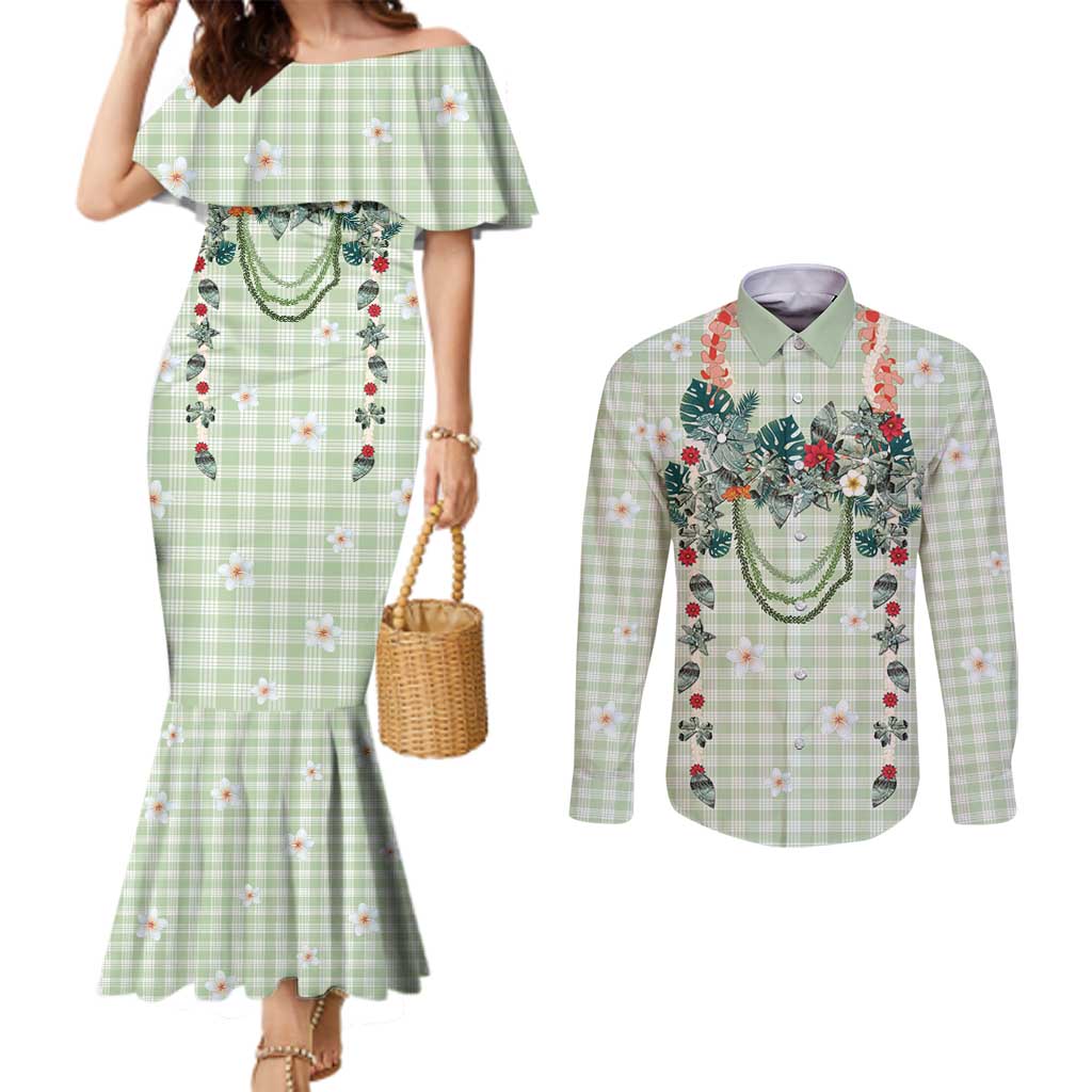 Sage Green Hawaiian Palaka Couples Matching Mermaid Dress and Long Sleeve Button Shirt Kukui Nut Money Lei - Polynesian Pride