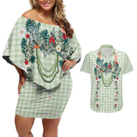 Sage Green Hawaiian Palaka Couples Matching Off Shoulder Short Dress and Hawaiian Shirt Kukui Nut Money Lei - Polynesian Pride