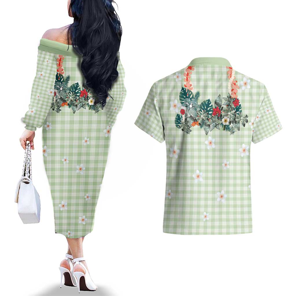 Sage Green Hawaiian Palaka Couples Matching Off The Shoulder Long Sleeve Dress and Hawaiian Shirt Kukui Nut Money Lei - Polynesian Pride