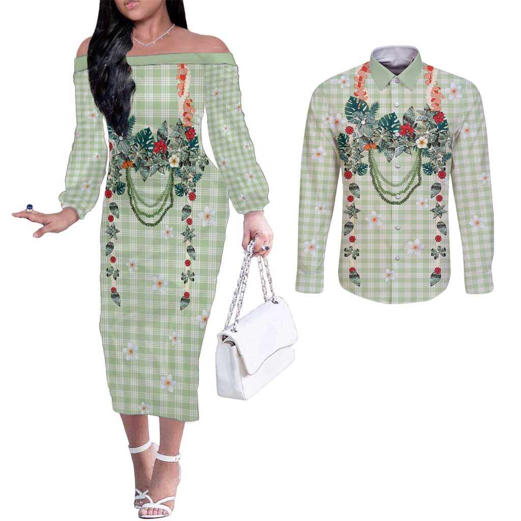 Sage Green Hawaiian Palaka Couples Matching Off The Shoulder Long Sleeve Dress and Long Sleeve Button Shirt Kukui Nut Money Lei - Polynesian Pride