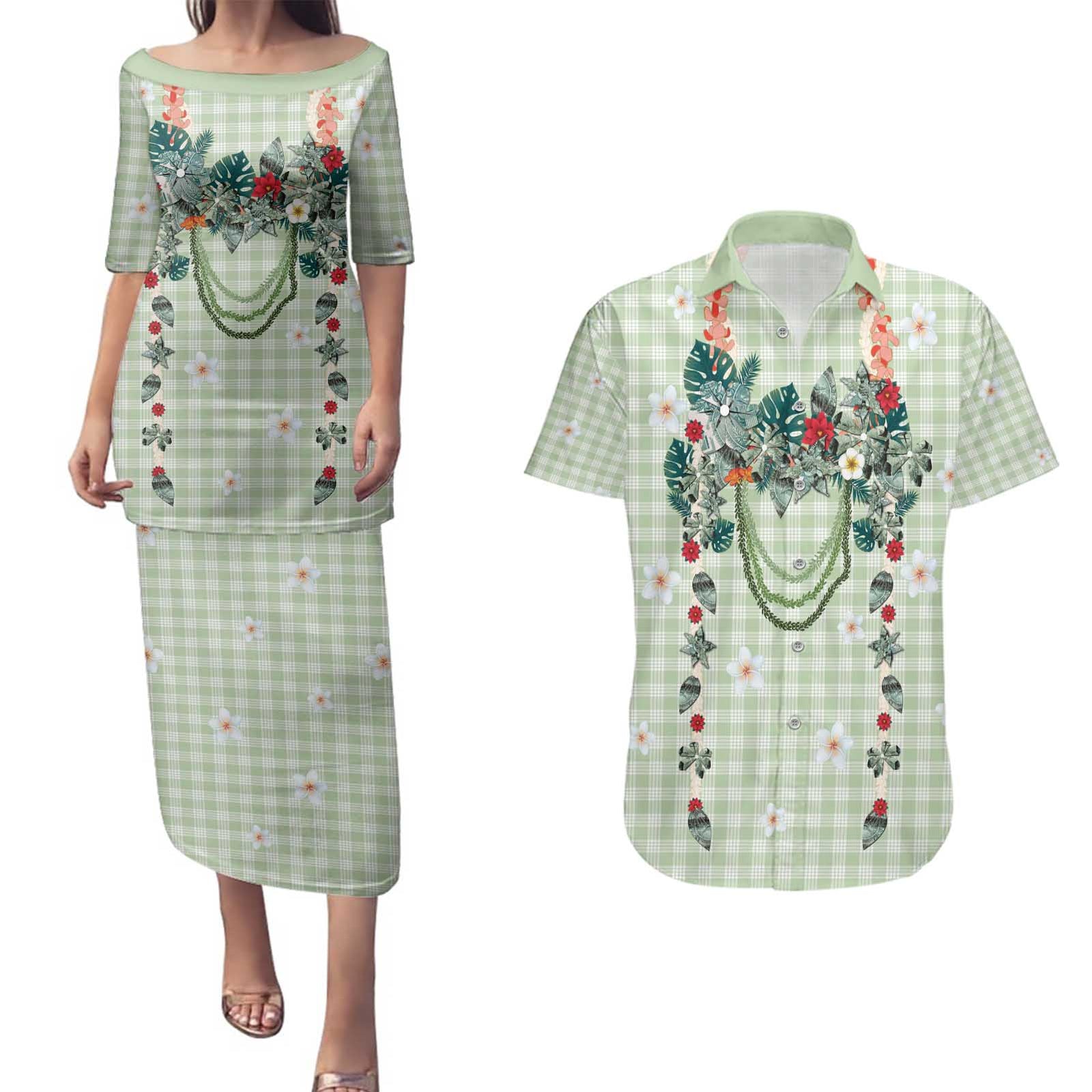 Sage Green Hawaiian Palaka Couples Matching Puletasi and Hawaiian Shirt Kukui Nut Money Lei - Polynesian Pride