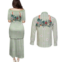 Sage Green Hawaiian Palaka Couples Matching Puletasi and Long Sleeve Button Shirt Kukui Nut Money Lei - Polynesian Pride