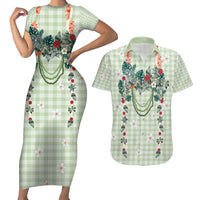 Sage Green Hawaiian Palaka Couples Matching Short Sleeve Bodycon Dress and Hawaiian Shirt Kukui Nut Money Lei - Polynesian Pride