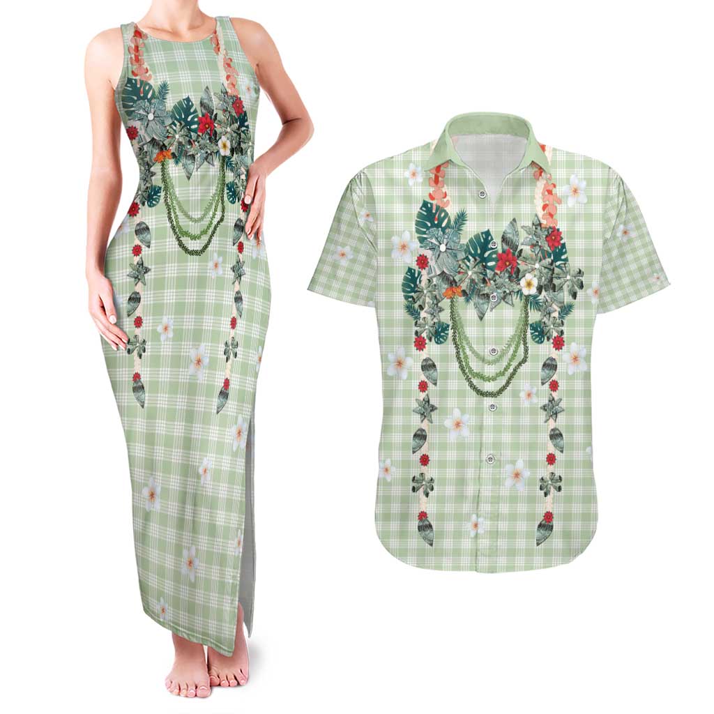 Sage Green Hawaiian Palaka Couples Matching Tank Maxi Dress and Hawaiian Shirt Kukui Nut Money Lei - Polynesian Pride